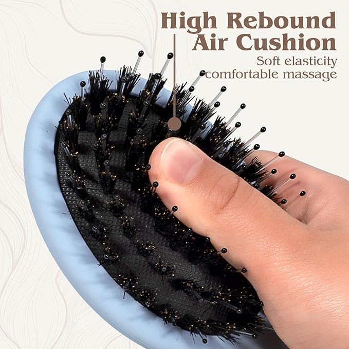 Mini Boar Bristle Hair Brush - Boar & Nylon Bristle Small Brush for Women Kids Long Short Hair to Smooth Add Shine - Travel Size Hair Brush for Purse,Pocket - Blue