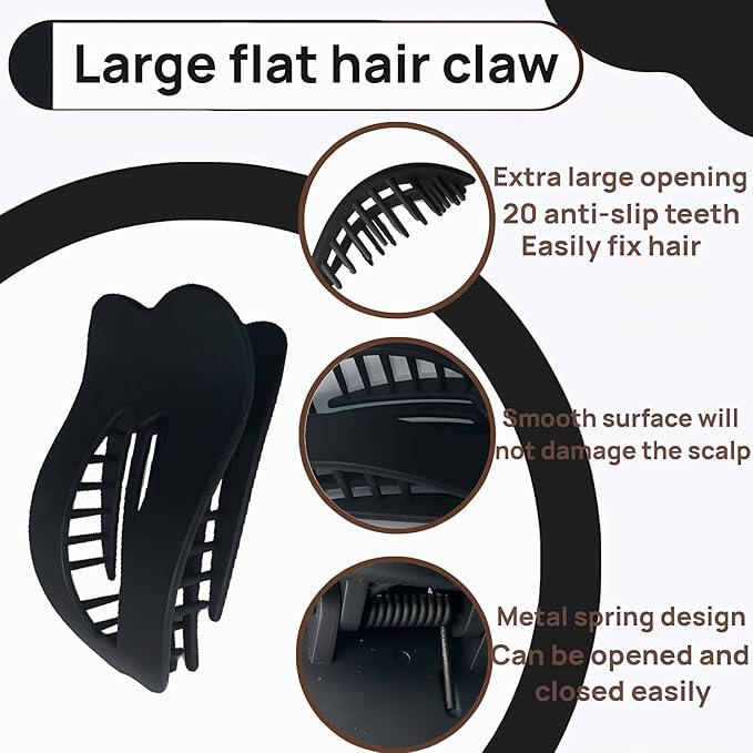 Women Flat Hair Clips,4-Pack French Large Matte Non-Slip Claw Hair Clips for Thick or Thin Hair (White, Black, Matte Khaki,Matte Dark Brown)