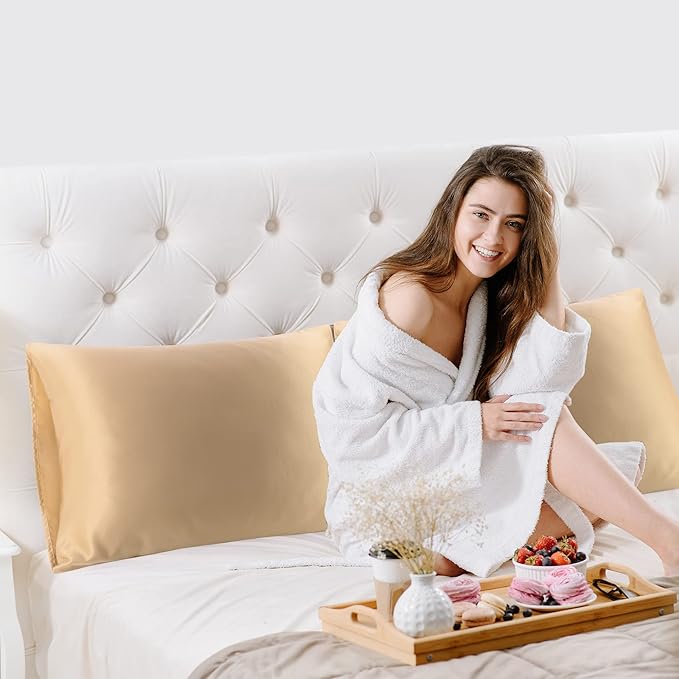 uxcell 2 Pack Silk Satin Pillowcase for Hair and Skin, Cool, Silky, Soft Breathable Pillow Cases King Size 20x36 Inch Sateen Pillowcase Caramel with Envelope Closure