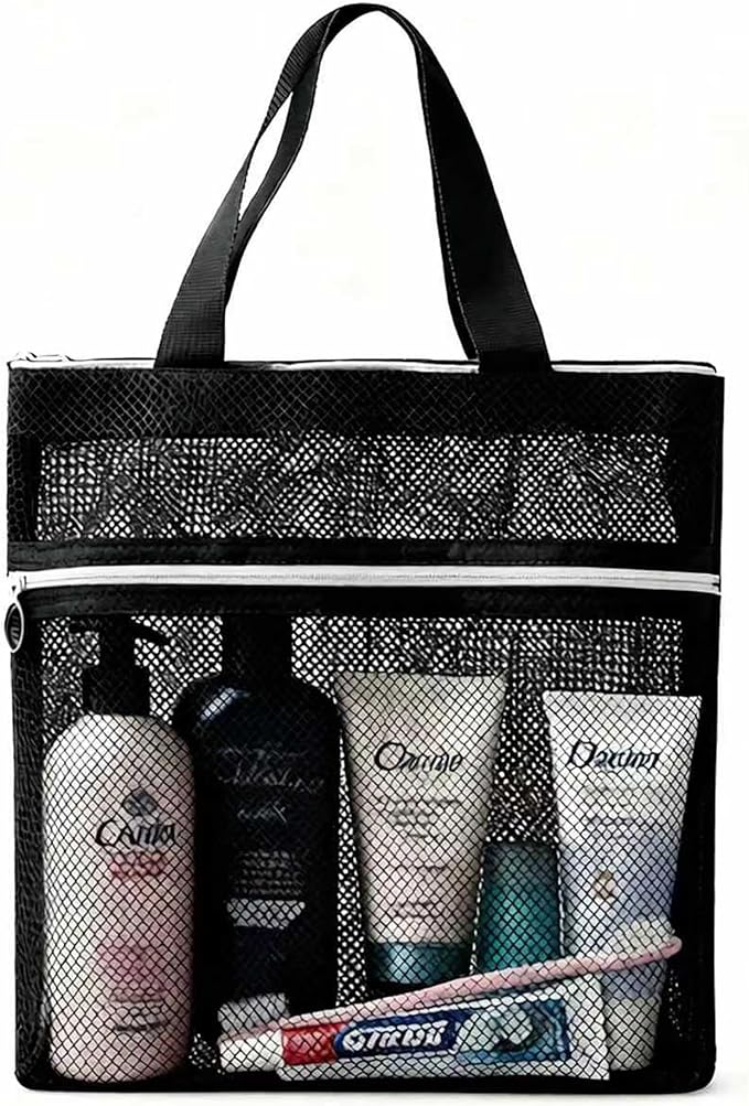 Mesh Shower Caddy Portable Quick Dry Tote Bag with Zipper & 2 Pockets, Large Caddy Mesh Shower Organizer for College Dorm, Swimming, Gym, Beach, Travel Essentials (Black)