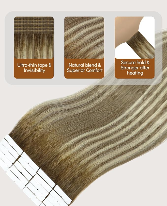 VINBAO Invisi Edge Tape in Hair Extensions Human Hair Balayage Ombre Darker Brown to Ash Brown with Blonde 50g 20pcs Injection Tape in Extensions 18inch #3/8/22