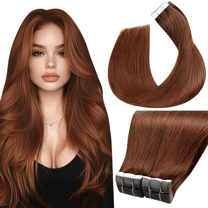 LaaVoo Human Hair Tape in Extensions Auburn Brown Tape in Hair Extensions Human Hair Seamless Tape on Extension Silky Straight Hair 18inch 40pcs 100g