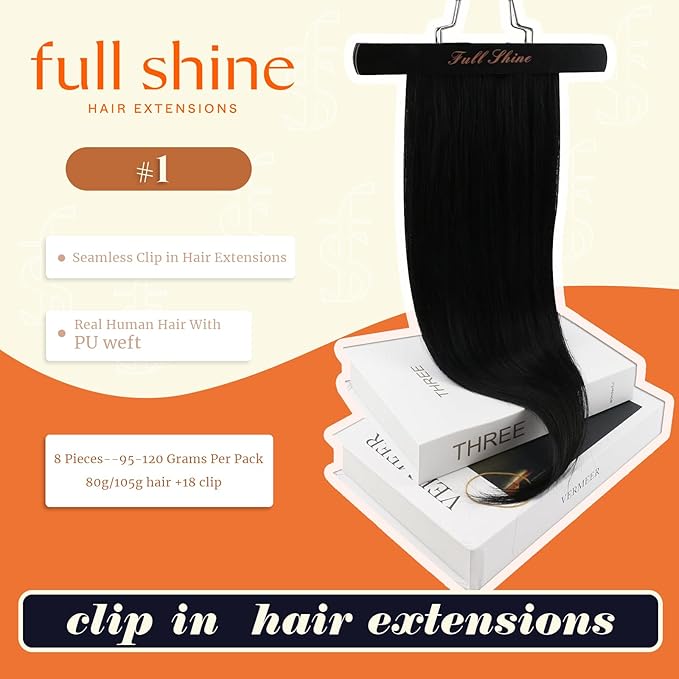 Full Shine Black Human Hair Extensions Seamless Clip in Hair Extension 22 Inch Natural Human Hair Clip in Extensions Black Real Hair for Women Thick End 8 PCS 120 G
