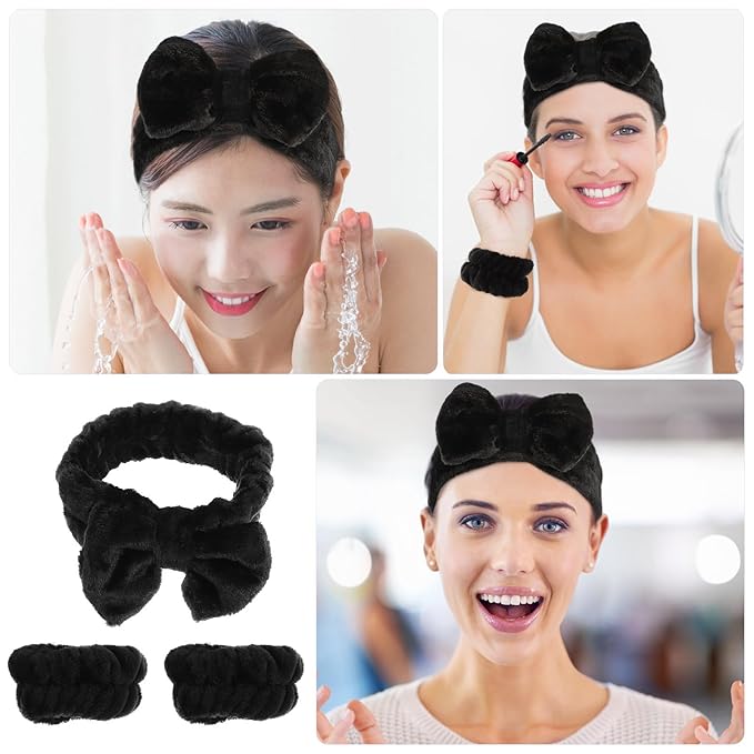 Water Absorbent Makeup Headbands and Wristbands Soft Wide Spa Hairbands for Women Non-slip Comfortable Face Cleaning and Bath Accessories Black Hair Wrap Kit
