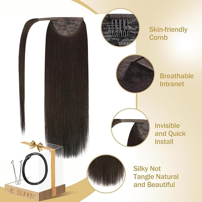 Ve Sunny Hair Extensions Ponytail Real Human Hair Wrap Around Clip in Ponytail Hair Extensions Straight Extensions Human Hair for Women Brunette Dark Brown 20inch 80G
