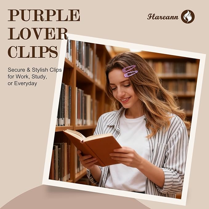 Lavender Purple Snap Hair Clips by FLAREANN – 36 PCS 2 Inch Non-Slip Metal Barrettes for Girls & Women in Glitter, Shimmer & Glossy Finishes – Cute Purple Hair Accessories for Parties & Outings