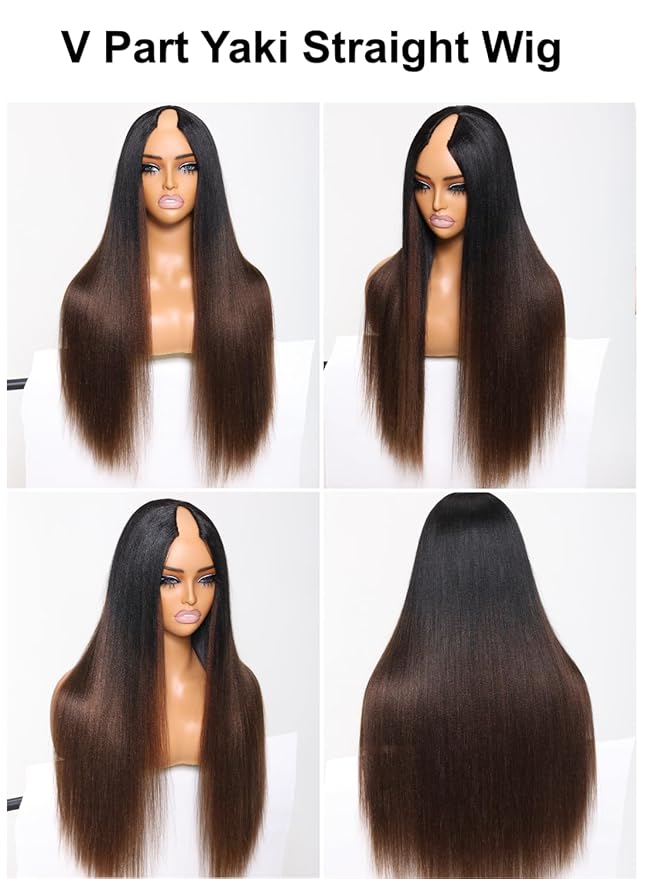 YIROO V Part Wig Human Hair No Leave Out Ombre Chestnut Brown Yaki Straight Glueless Human Hair Wig Upgrade U Part Wigs for Women V Shape Clip in Half Wig No Glue No Sew in Beginner Wig 16inch