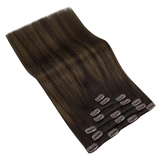 Ve Sunny Clip in Hair Extensions Dark Brown Balayage Medium Brown Real Hair Extensions Clip in Human Hair 14inch Human Hair Clip in Extensions Black Woman 100g