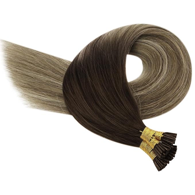 YoungSee I Tip Hair Extensions Dark Brown Ombre Blonde Itip Human Hair Extensions Balayage I Tip Extension Human Hair Pre Bonded Hair Extension Easy to Apply 22 Inch 50g 50s