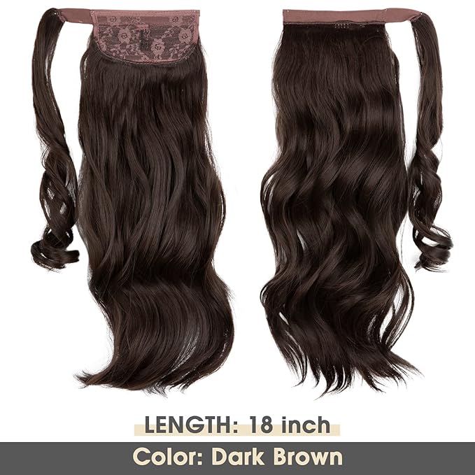 CJL HAIR 18" Long Ponytail Hair Extension Wrap Around Pony Tail Clip in Curly Wavy Synthetic Fake Hairpiece for Women Dark Brown