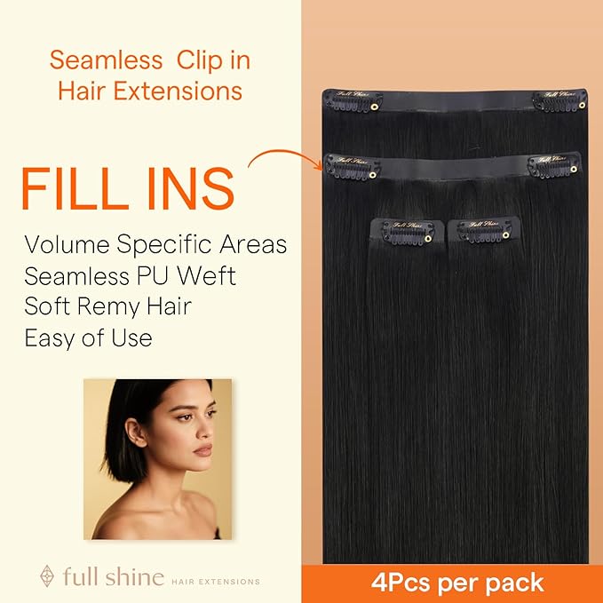 Full Shine Seamless Clip in Hair Extensions, 12Inch Thinning Hair Extensions Fill Ins, Black Clip in Hair Extensions Remy Human Hair for Women, Add Thickness Color1 4PCS 55g