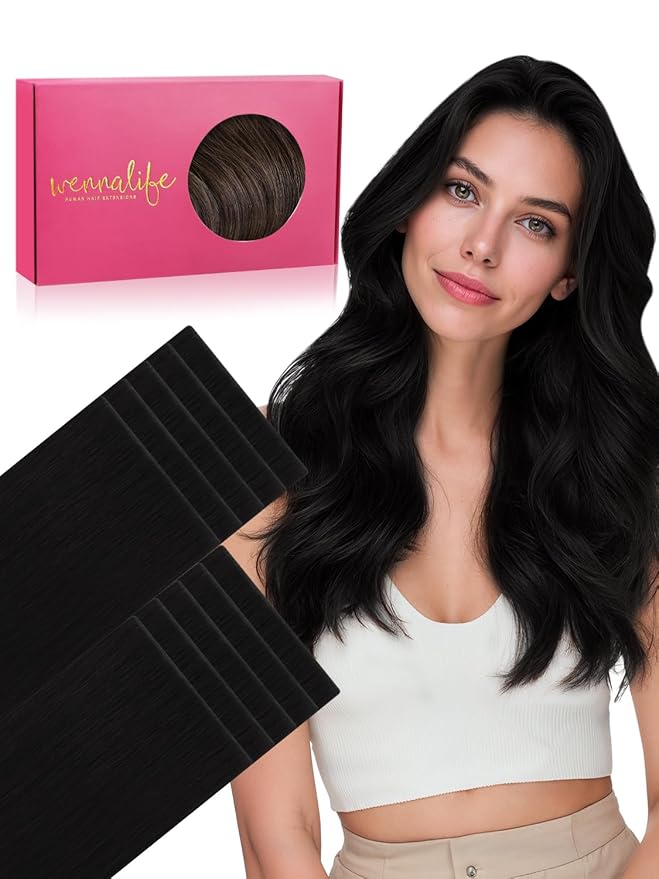 WENNALIFE Invisi Edge 8cm Tape in Hair Extensions Human Hair, 18 Inch 50g 10pcs, Jet Black Invisible Remy Tape Ins Straight Reusable Natural Injected Weft Extensiones De Cabello Humano