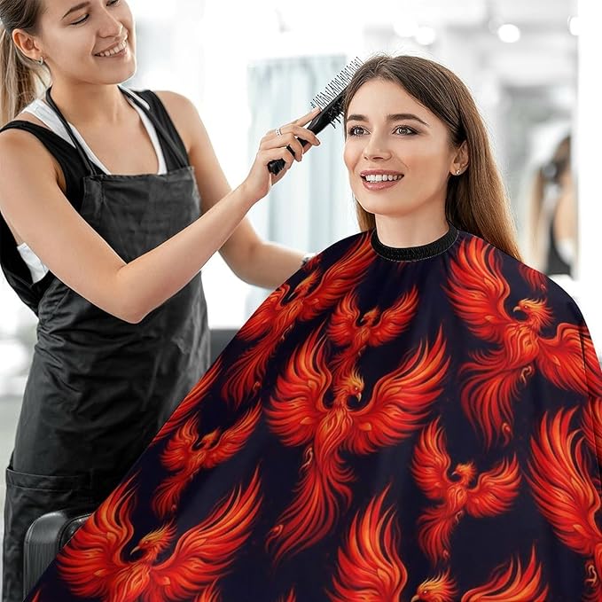 Women Red Fire Flame Bird Black Hair Salon Cutting Cape, Large Long Hairdressing Apron for Home Stylists, Haircut Tools