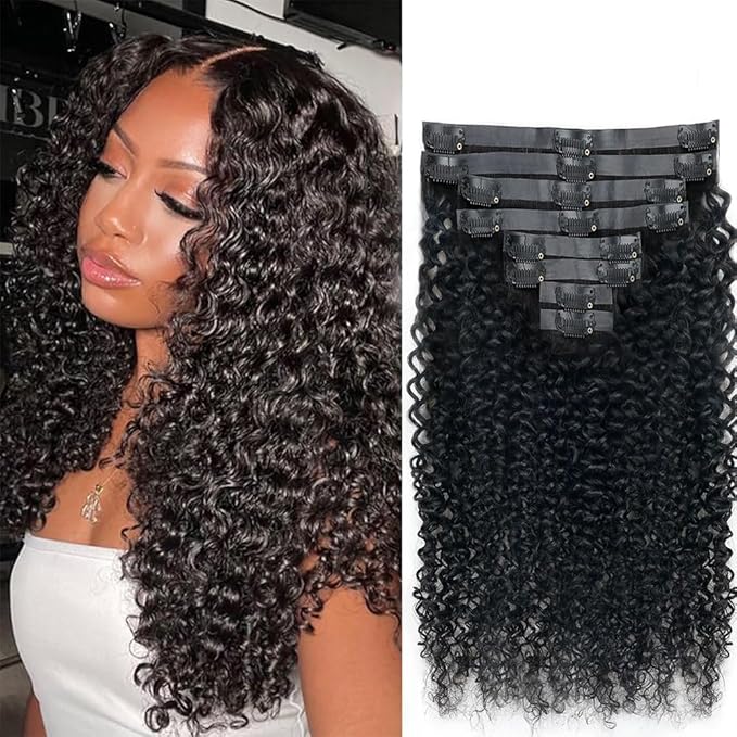Seamless Curly Clip in Hair Extensions Real Human Hair Brazilian Virgin Human Hair Clip in Extensions 8Pcs Seamless Clip ins for Black Women with 18Clips PU Skin Weft 120g 20inch Natural Black