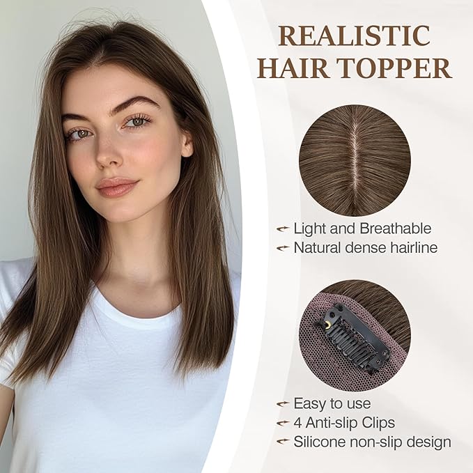 Rich Choices Hair Toppers for Women Real Human Hair 100% Human Remy Toppers NO Bangs for Women with Thinning on Top Clip in Hairpiece 4"x4.7"Lace Base 14 Inch #2R Chocolate Brown