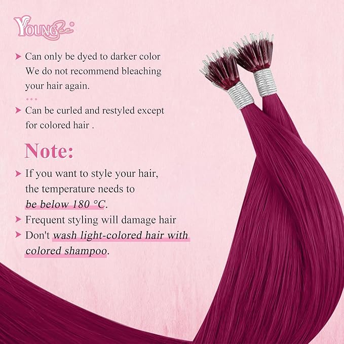 YoungSee Nano Ring Hair Extensions Magenta Nano Hair Extensions Human Hair 24 inch Long Hair Nano-Link Hair Extension Real Hair Burgundy Remy Pre Linded Nanobead Hair-Extensions for Pop 25s 25g
