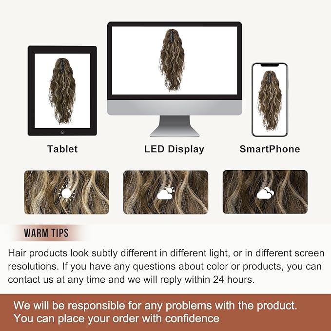 FLUFYMOOZ Ponytail Extension, 18 Inch Claw Clip Ponytail Extension, Wavy Curly Claw Clip in Ponytail Hair Extensions, Natural Fake Ponytail Synthetic Hairpiece for Women (Deep Brown with Dirty Blonde)