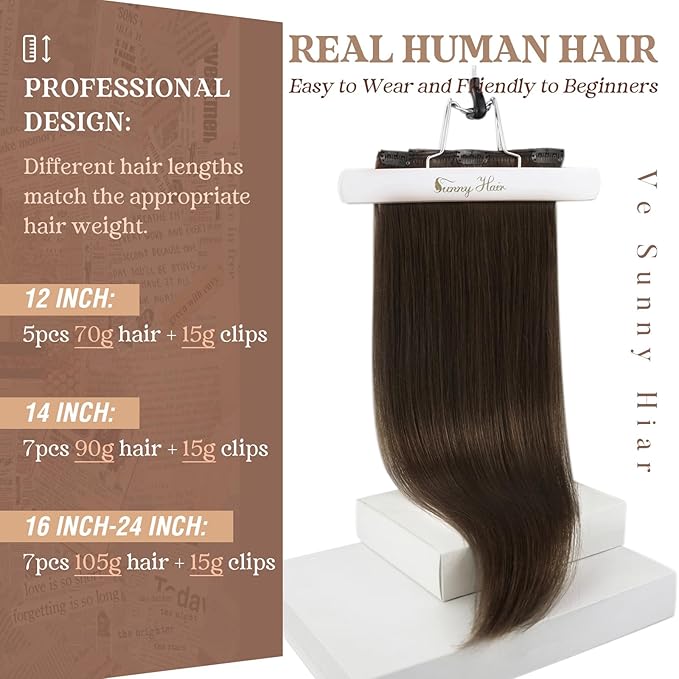 Ve Sunny Clip in Hair Extensions Real Human Hair Brown Hair Extensions Clip ins Human Hair Clip in Extensions Real Hair Extensions Clip in Human Hair 22inch 7pcs 120g