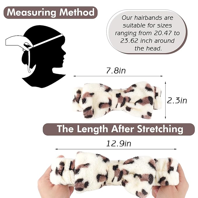 Zkptops 6Pcs Spa Headband for Washing Face Wristbands Set Women Bubble Skincare Makeup Sponge Plush Padded Puffy Headband Bow Tie Hairband Cute Non Slip Thick Hair Accessory Gifts(Beige Leopard)