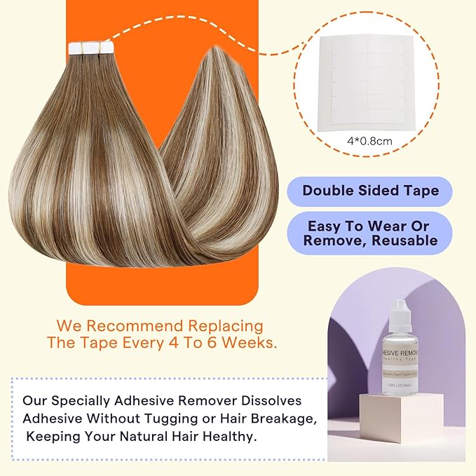 Full Shine Tape in Extensions Human Hair 18 Inch Adhesive Hair Extensions Color 6 Fading to 6 Brown and 60 Platinum Blonde 50 Gram Seamless Tape in Hair Extensions 20 PCS Remy Hair Tape Ins Extensions