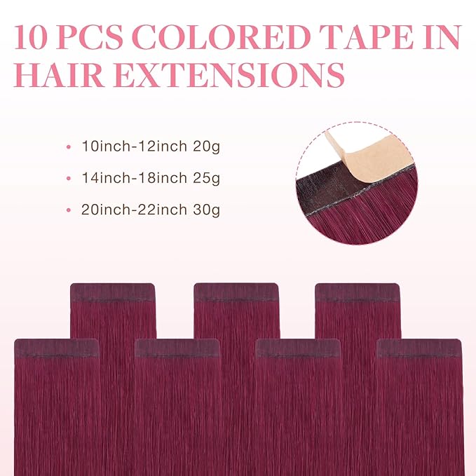 GOO GOO Tape in Hair Extensions Human Hair, Burgundy Red, 12inch 20g 10pcs, Colored Tape ins Human Hair Extensions, Silky&Soft Invisible Tape Ins, Hair Highlighted for Party