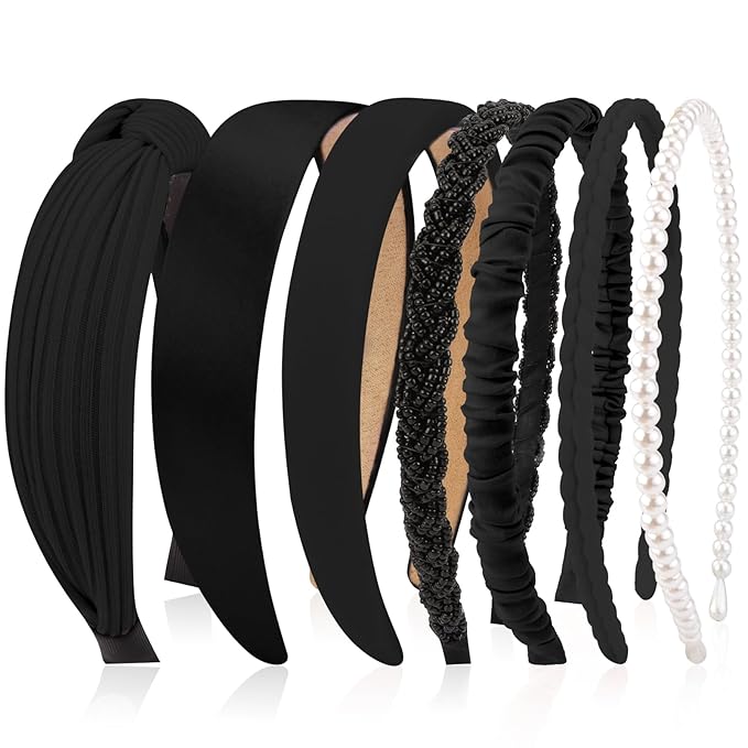 VELSCRUN Headbands for Women 7 Pcs Different Black Fashion Knotted Solid Head Bands Pearl Headband Non Slip Hair Band for Womens Gilrs Thin Thick Short Hair Face Wash Hair Accessories