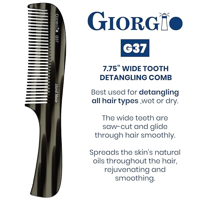Giorgio G37 Large Coarse Detangler Comb, Wide Teeth for Thick, Curly, or Wavy Hair – For Wet and Dry Use, Handmade Rake Saw-Cut from Polished Cellulose (Black Graphite)