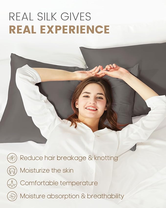 THXSILK 100% Mulberry Silk Pillowcase for Hair and Skin, Both Sides Pure Natural Silk Pillowcase, Soft Breathable Zipper Pillow Case, California King Size 20"x40", Dark Grey