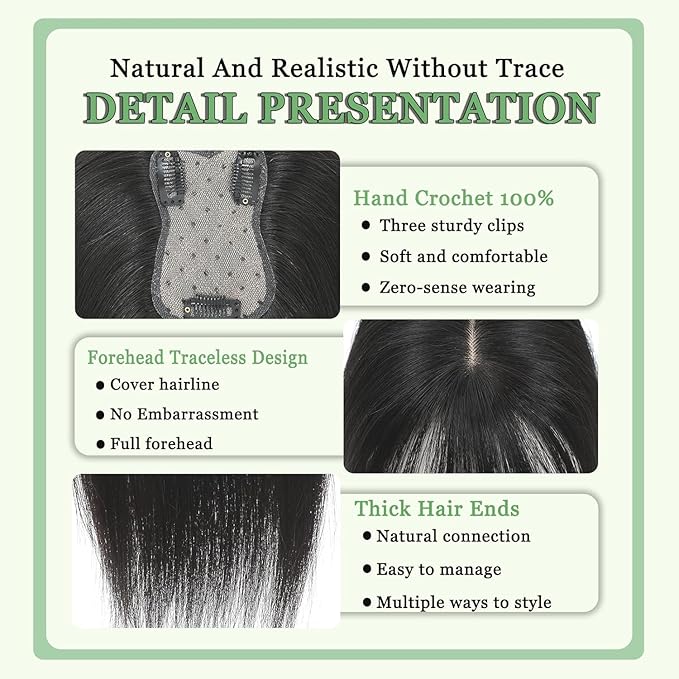 Hair Toppers for Women Real Human Hair, 360°3D Bangs Clip Human Toppers for Women with Thinning hair Realistic Scalp Line (Brown Black, 3D French Bangs(11 * 7))