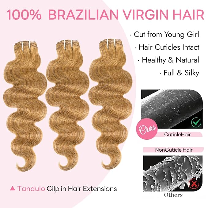 Clip in Hair Extensions Real Human Hair Body Wave 27 Honey Blonde Clip in 100% Brazilian Remy Human Hair Extensions 8pcs Per Set with 18 Clips Double Weft 16 Inch 90g/3.6oz
