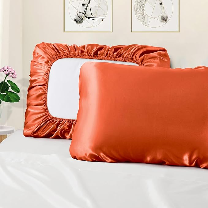 Manyshofu Satin Pillowcases for Hair Protection - 1Pcs Burnt Orange Pillow Cases, Elastic Band Standard & Queen Satin Pillowcases Luxury Silky Pillow Cases Travel Pillow Covers