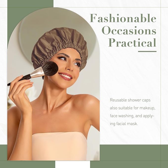 Reusable Shower Cap for Women, Large Waterproof Shower Bonnet Washable Elastic Band Bath Accessories Hair Hat for Long Hair, Braids(Brown)