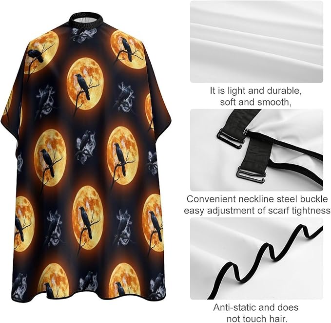 Women Full Moon Black Crow Raven Bird Salon Haircut Capes, Full Coverage Dyeing Salon Apron for Hairdressers, Easy Clean