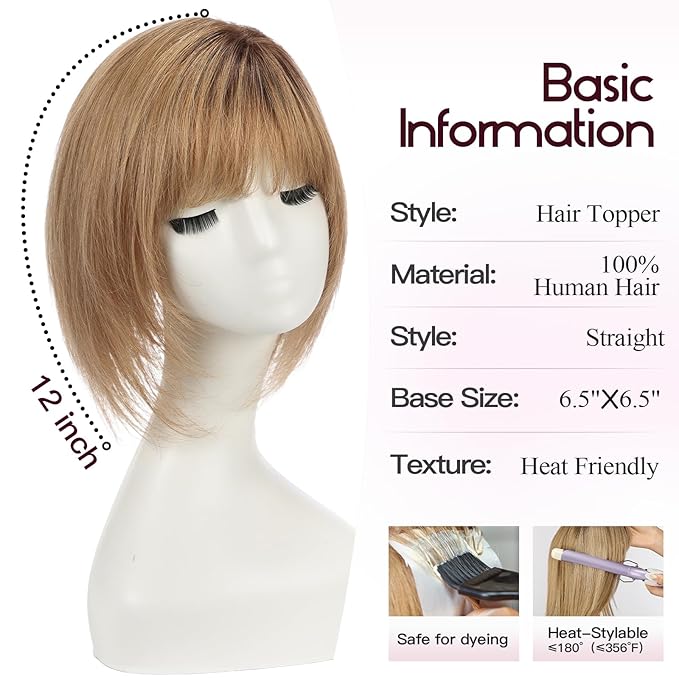 EMMOR 12 Inch Human Hair Topper for Women - Real Hair Topper with Bangs & 6.5" × 6.5" Larger Base, Natural Thin Hair Solution for Women(Ombre Light Brown)