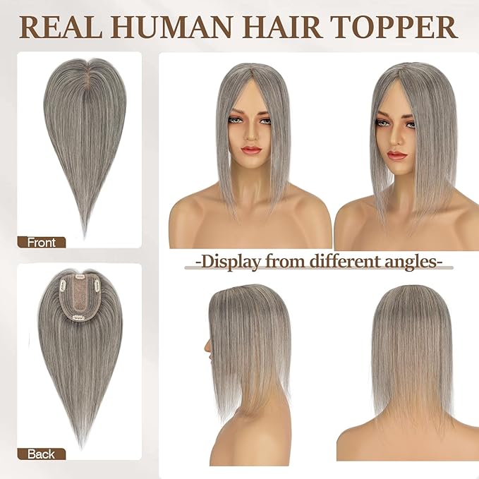 Rich Choices Hair Toppers for Women Real Human Hair 100% Human Remy Toppers NO Bangs for Women with Thinning on Top Clip in Hairpiece 4"x4.7"Lace Base 12 Inch Salt and Pepper G2 Sliver