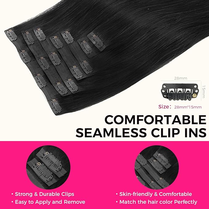Lashey Clip in Hair Extensions Real Human Hair Extensions, 110g #1 Jet Black Seamless Hair 18 Inch 7pcs for Black Women Soft Silky PU Clip in Remy Human Hair Extensions