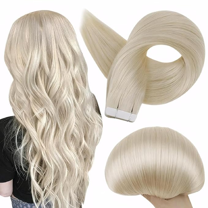 Full Shine Tape in Extensions Color 60 Platinum Blonde Remy Straight Tape in Hair Extensions Human Hair 26Inch Seamless Skin Weft 50Gram Long Skin Weft for Women 20Pcs Natural Brazilian