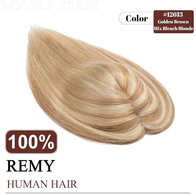 SEGO Real Human Hair Topper for Women, No Bangs Hair Topper with Anti-Slip Clips (18 Inches Golden Brown Mix Bleach Blonde)