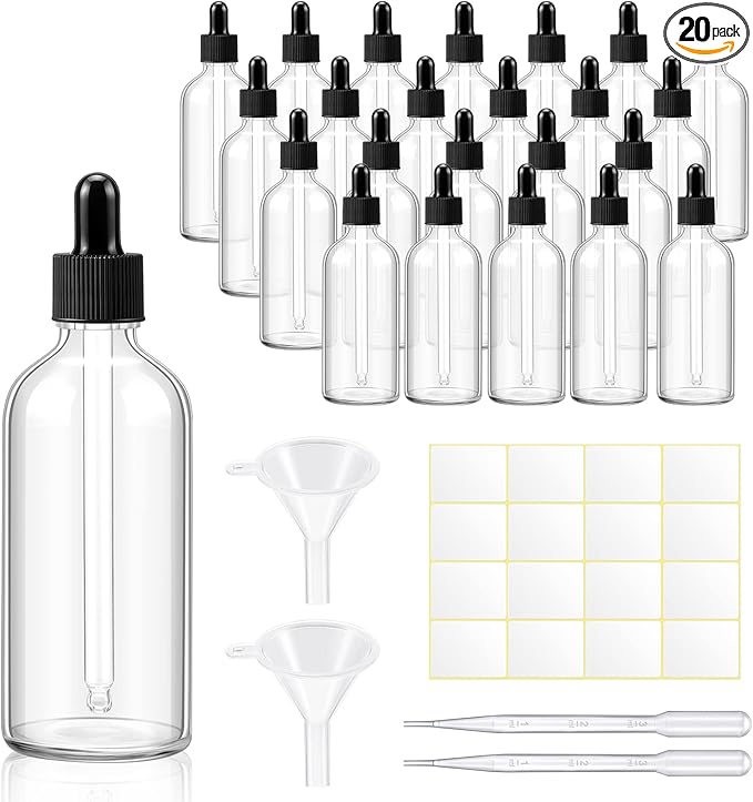 Tessco for you 20 Pack 3.4 oz Glass Dropper Bottles with Glass Eye Droppers for Essential Oils, Empty Oil Bottles with Funnel, Labels and Pipette for Hair Oils Perfume Cosmetic Travel(Clear)