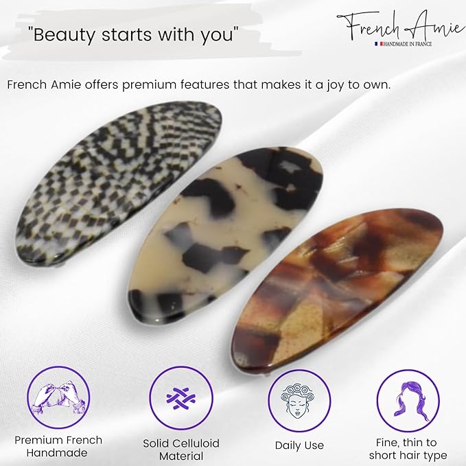 French Amie Oval Mini Opera White Tokyo Amber Brown Set of 3 Handmade Celluloid Hair Clip Barrette for Girls (2.5 inch)