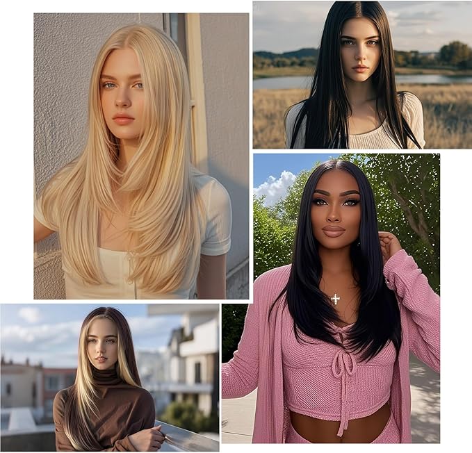 BrittyHair Black Long Straight Wig for Women 26 Inches Synthetic Layered Wig Black Lace Front Synthetic Wig Middle Part Black Straight Wig for Daily Cosplay Party Use(#1B Natural Black, 26 Inch)