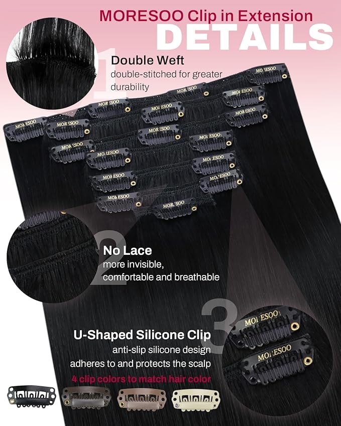 Moresoo 28 Inch Clip in Hair Extensions Black Straight Long for Thick Human Hair Clip in Extensions 160g with Thin Double Wefts Seamless And Even Weight Distribution Jet Black for Daily Use 7 Pieces
