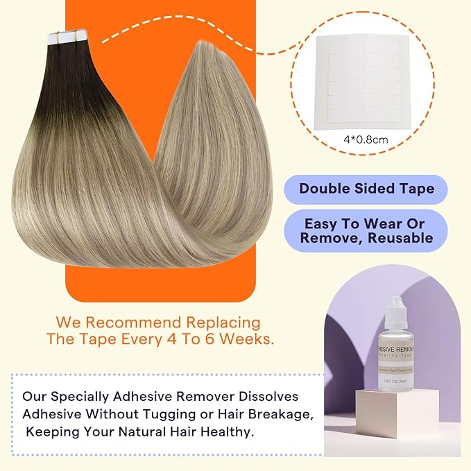 Full Shine Tape in Extensions Color 2 Fading to 18 Ash Blonde Highlight 60 Blonde Invisible Remy Human Hair Extensions Tape in 18 Inch 50g Seamless Skin Weft Extensions for Women Real Hair 20PCS