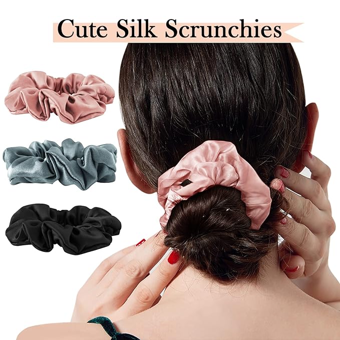 Mulberry Silk Hair Scrunchies, 3 Count, 100% Silk, No Damage for Frizz Prevention, Sleep and Night Scrunchie, Hair Accessories for Women (Black, Haze Blue, Rubber Red)