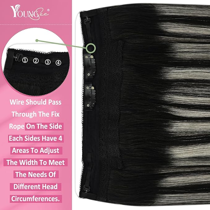 YoungSee 120G Wire Hair Extensions Ombre Black Human Hair Wire Extensions Black Ombre Silver Balayage Human Hair Fish Line for Women 16Inch