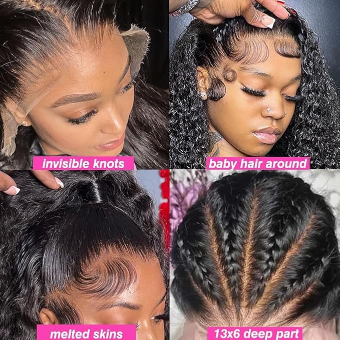 34 Inch Deep Wave Lace Front Wigs Human Hair Pre Plucked 200% Density 13x6 HD Lace Frontal Wigs with Baby Hair Deep Curly Wet and Wavy Glueless Wigs for Women (Natural Black, 34 Inch)