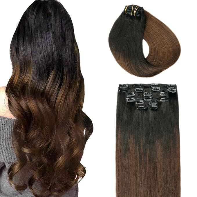 SURNEL Hair Extensions Clip Ins Balayage Natural Black to Chocolate Brown Clip in Hair Extensions 22 Inch 6pcs 120g(#1BT4,22'')