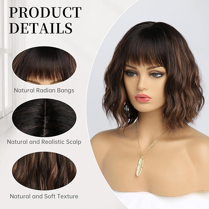 Short Dark Brown Wig with Highlight Wigs for Women Brown Mixed Gold Wig Highlights with Bangs Medium Length Synthetic Hair Wavy Bob Wig Colorful Wigs（14 Inches）