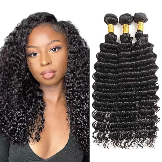 Bundles Human Hair Natural Black Deep Wave Bundle Niegmeag Brazilian Virgin Soft and Silky Remy Hair 3 Bundles 12 14 16 Inch Double Weft Color 1B Deep Wave Bundle Hair Weave