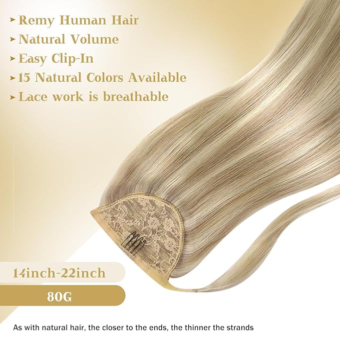 Ve Sunny Hair Extensions Ponytail Real Human Hair Wrap Around Clip in Ponytail Hair Extensions Straight Extensions Human Hair for Women Dark Golden Blonde Highlights 20inch 80G